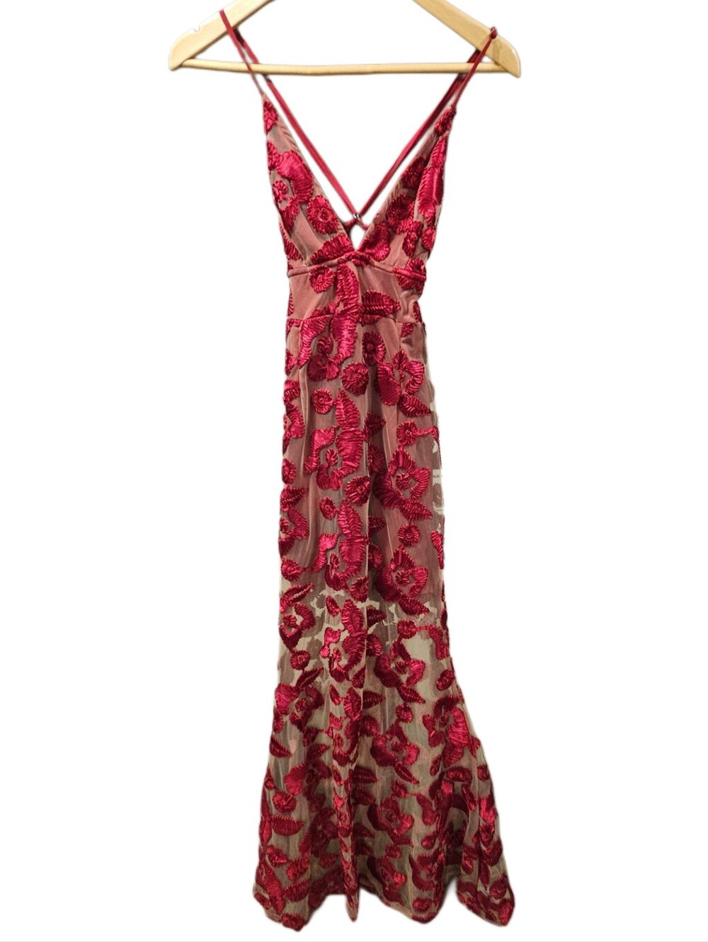Starlette Red Velvet Floral Sheer Mesh Maxi Dress - Open Criss-Cross Back (Size - Picture 6 of 12